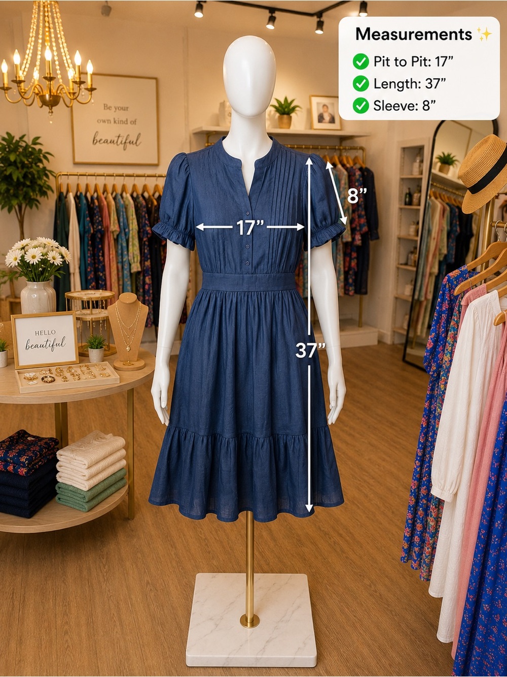 Navy Puff-Sleeve Tiered Midi Dress - Classic Feminine Style - Picture 2 of 4